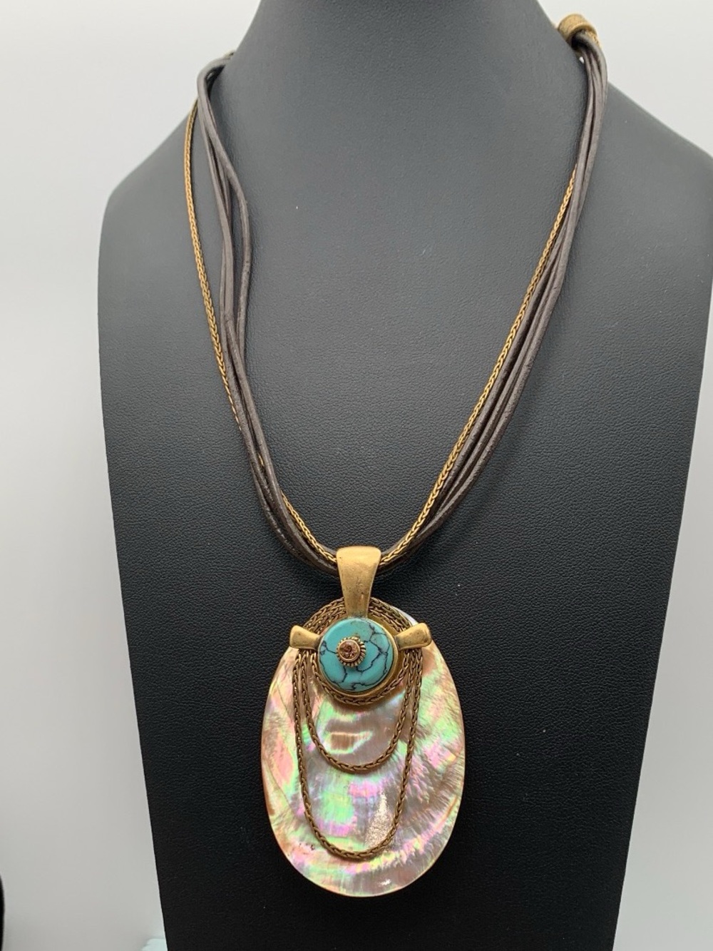 Chico's Iridescent Shell Pendant with Turquoise and antiqued Gold tone Accents